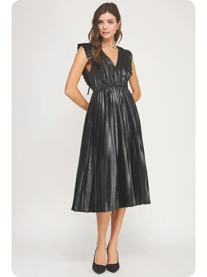 Sleeveless Pleated Satin Midi Dress