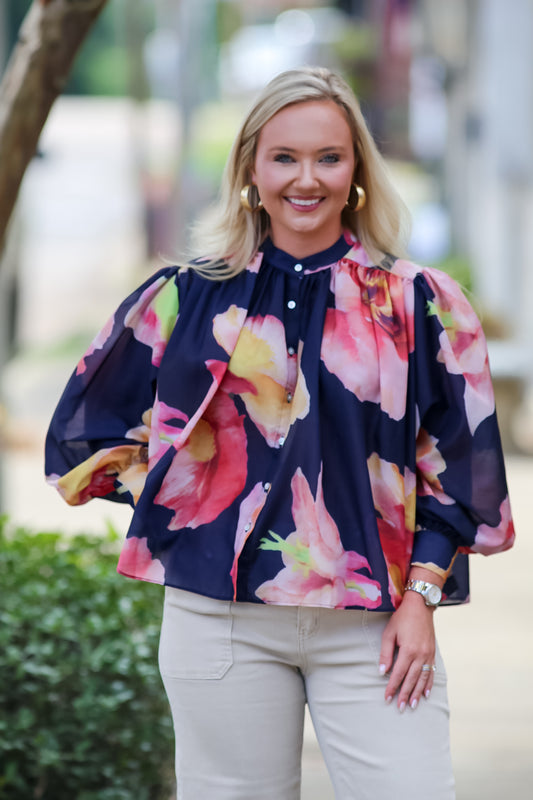 Voluminous Floral Print Blouse in Navy