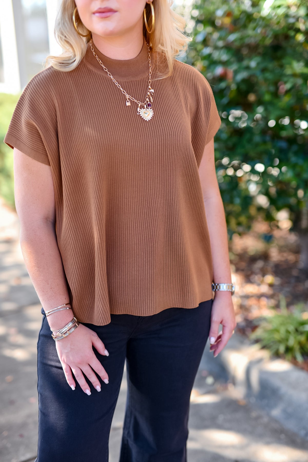 Mock Neck Short Sleeve Boxy Sweater in Deep Camel