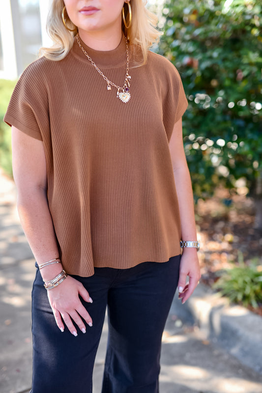 Mock Neck Short Sleeve Boxy Sweater in Deep Camel