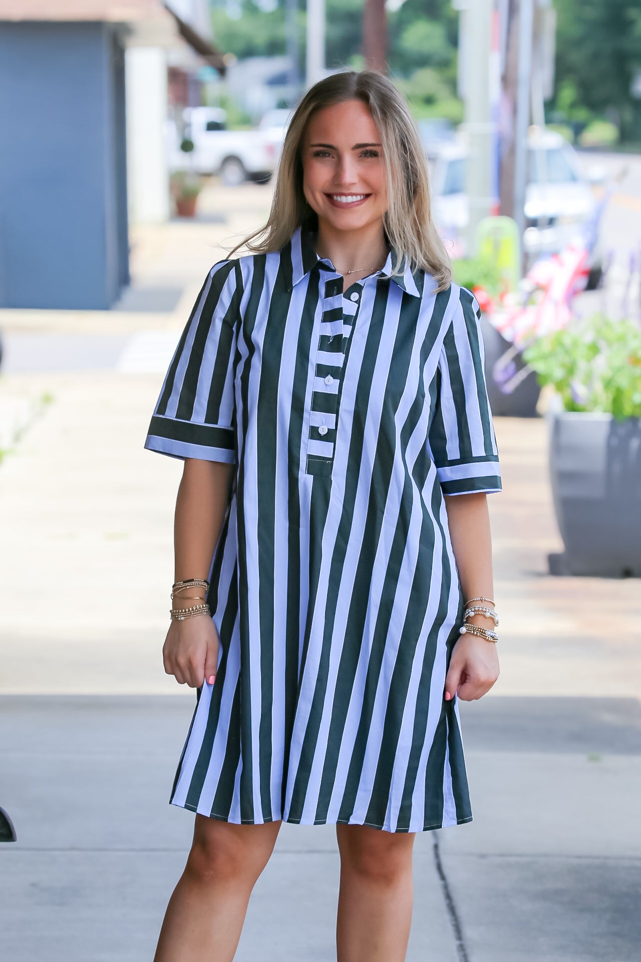 Short Sleeve Striped Mini Dress in Sea Green/Light Blue