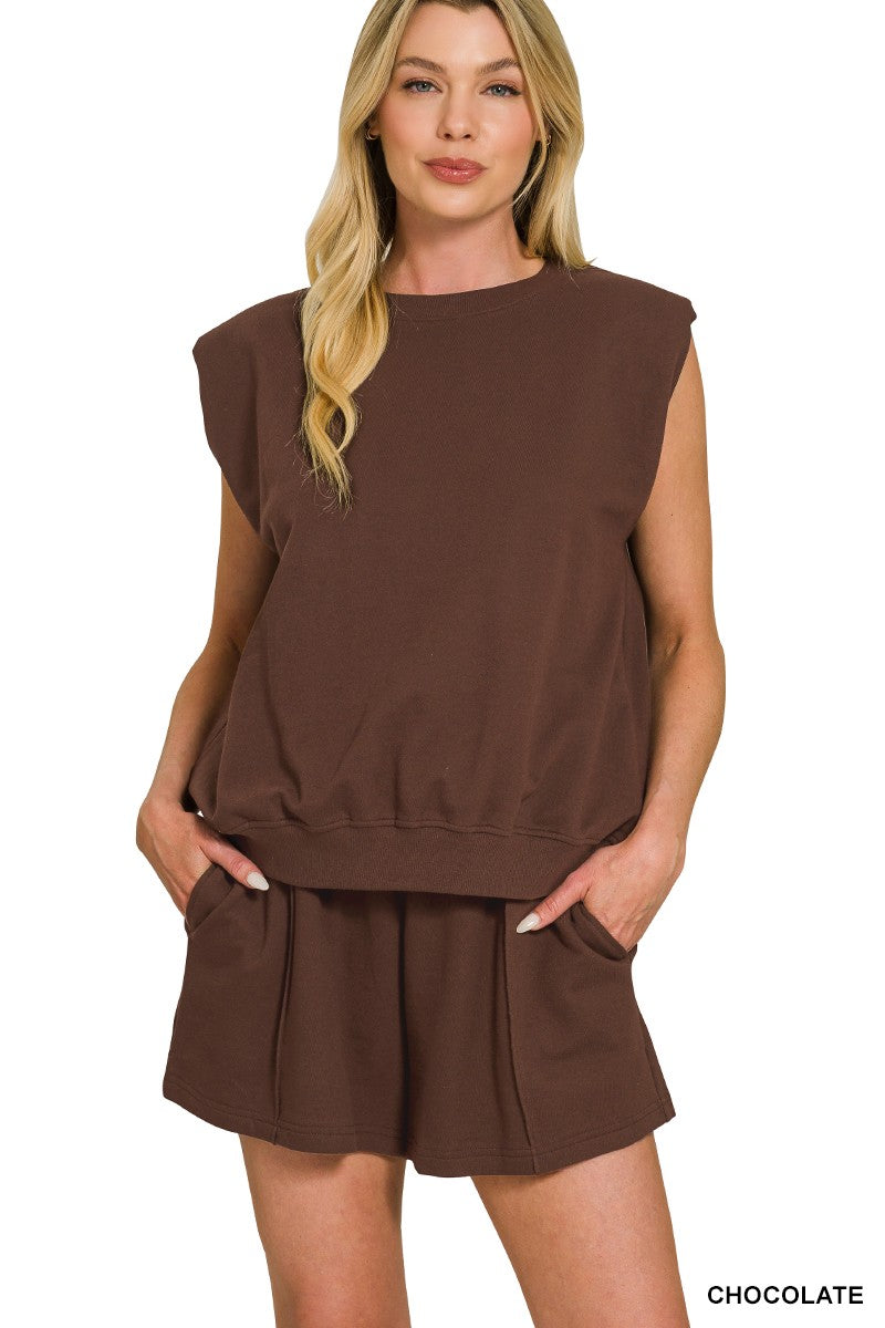 French Terry Sleeveless Top & Shorts Set in Chcoclate