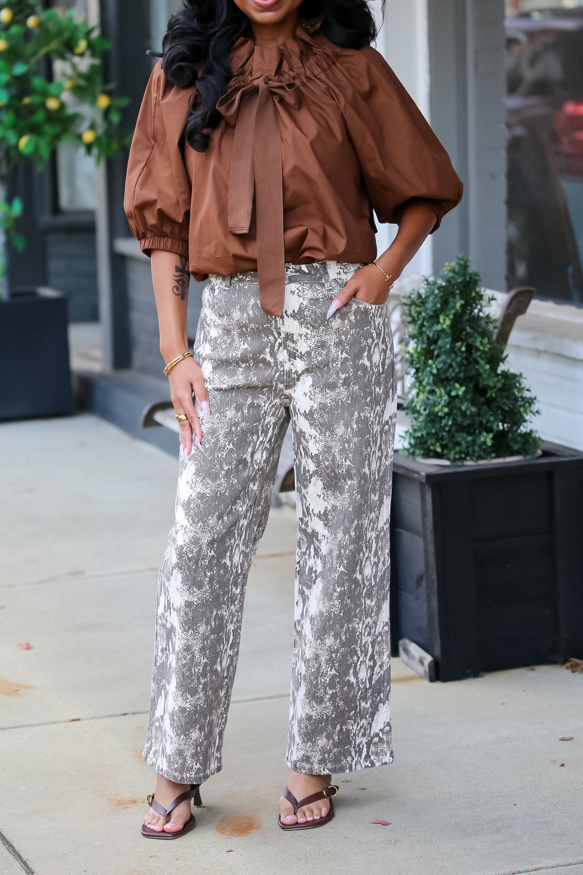Drop Shoulder Drawstring Top in Brown