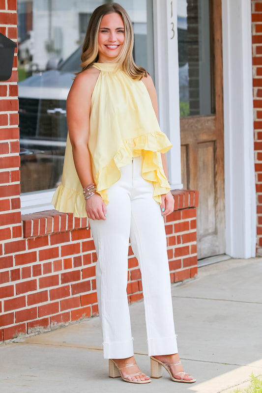 Halter Ruffle Tiered High-Neck Top-Butter Yellow