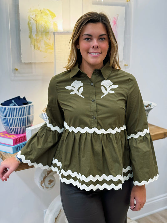 The Pippa Poplin Button Blouse in Olive