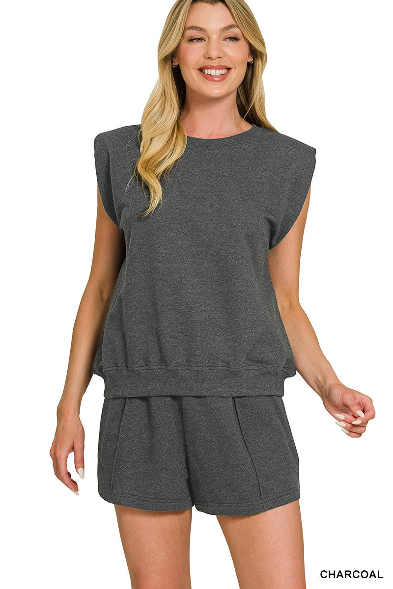 French Terry Sleeveless Top & Shorts Set in Charcoal
