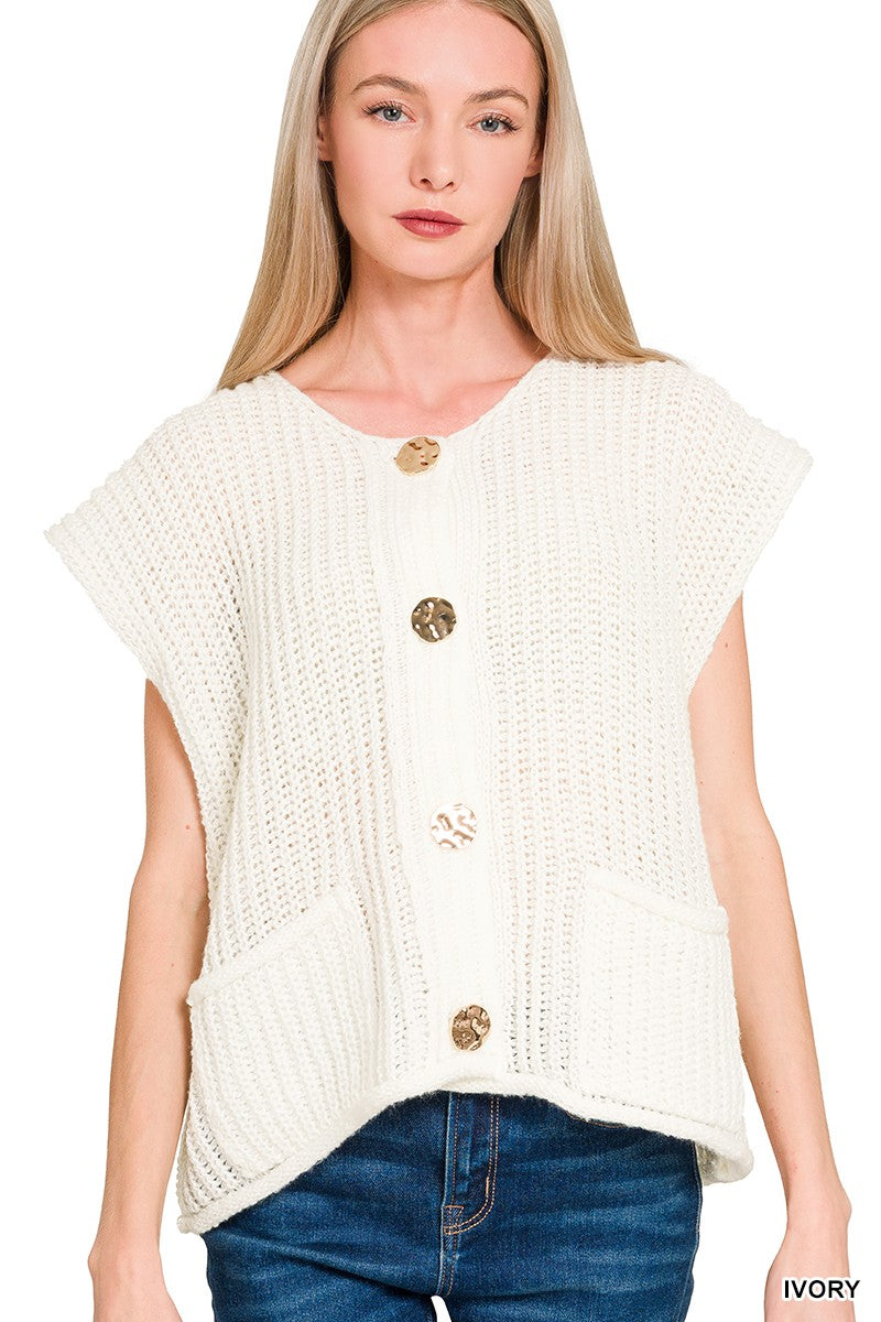 Gold Button Sweater Vest in Ivory