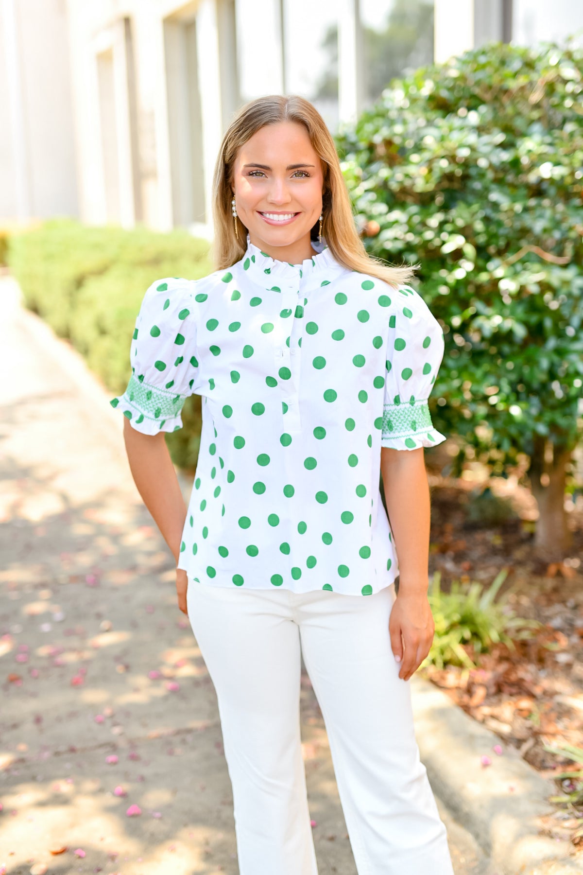 Polka Dot Puff Sleeve Blouse in White/Kelly Green