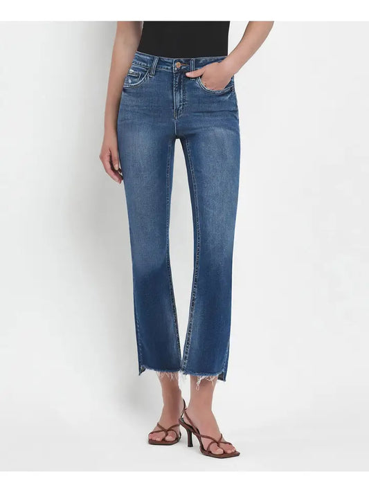 High Rise Raw Step Hem Crop Flare Jeans