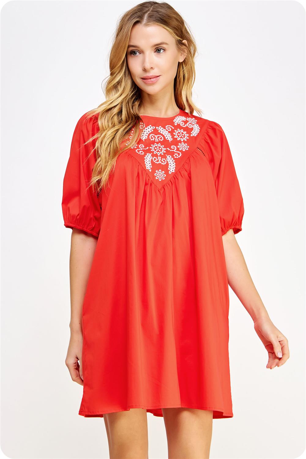 The Mattie Embroidered Dress in Red