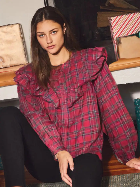 Plaid Button Front Blouse-Red