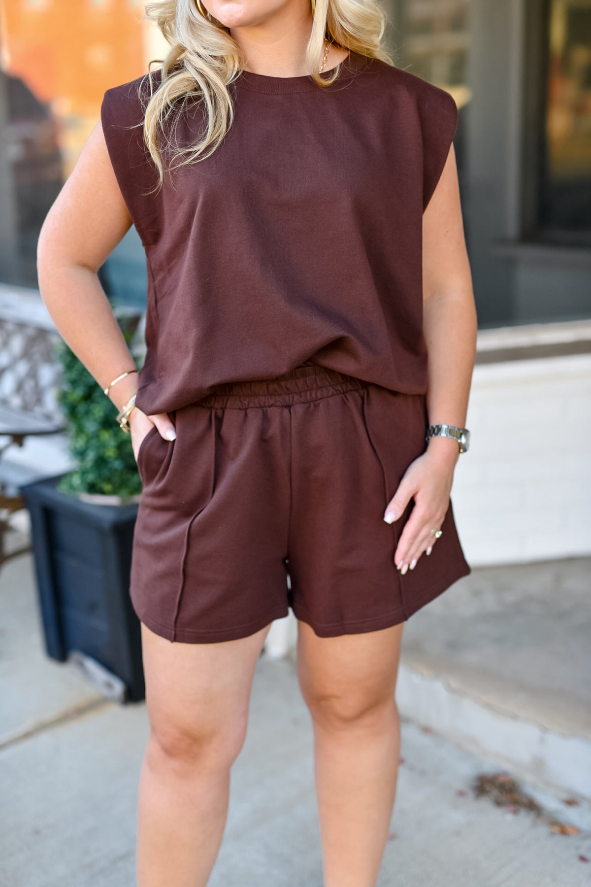 French Terry Sleeveless Top & Shorts Set in Chcoclate