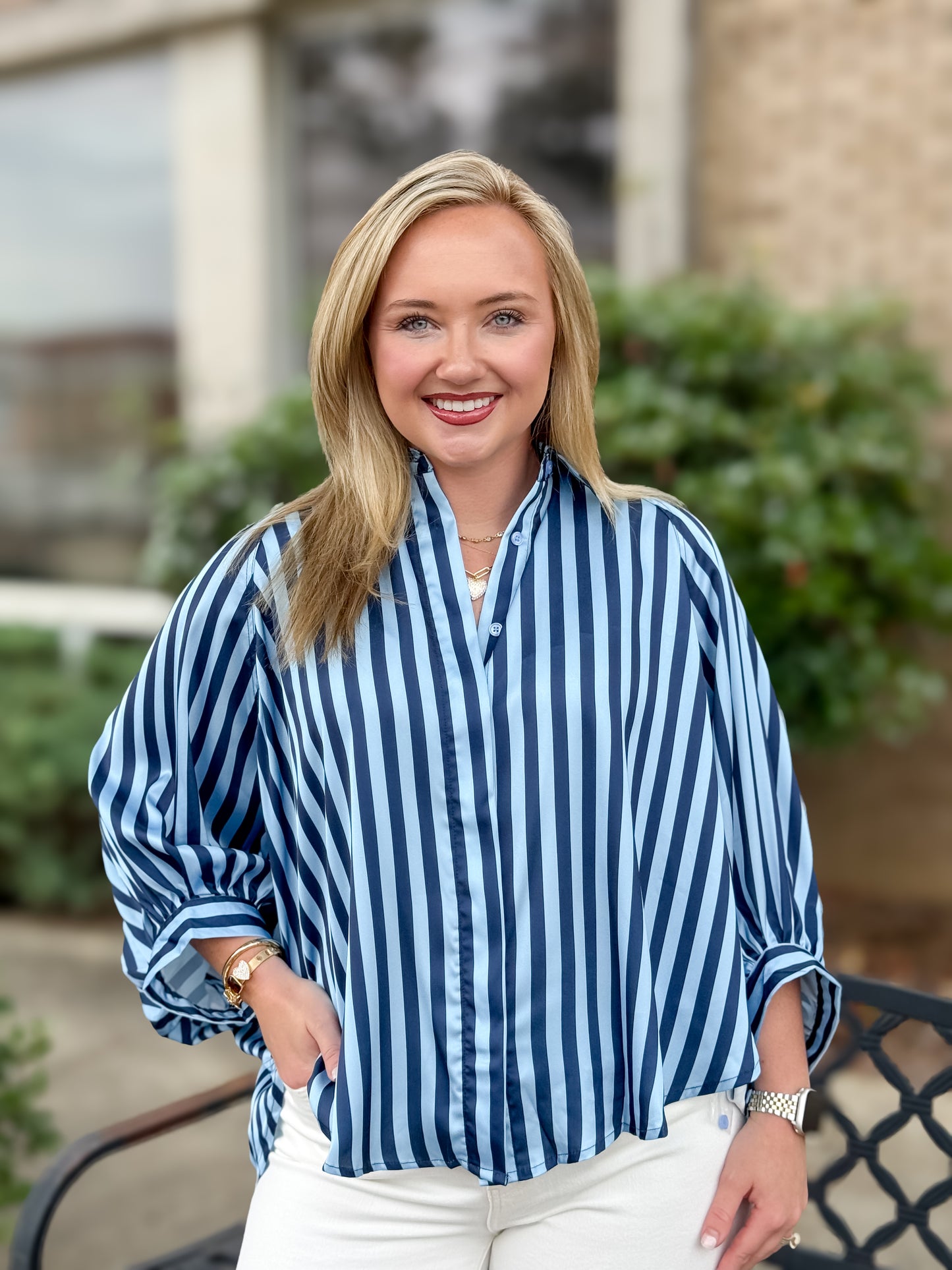 Stripe Button-Up Top in Navy/Light Blue