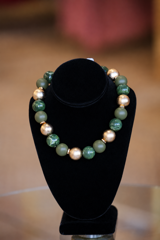 Wood & Acrylic Ball Bead Necklace-Green/Gold