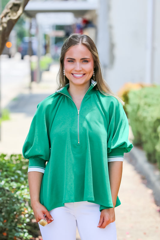 Mock Neck Half Zip Puff Sleeve Top in Green