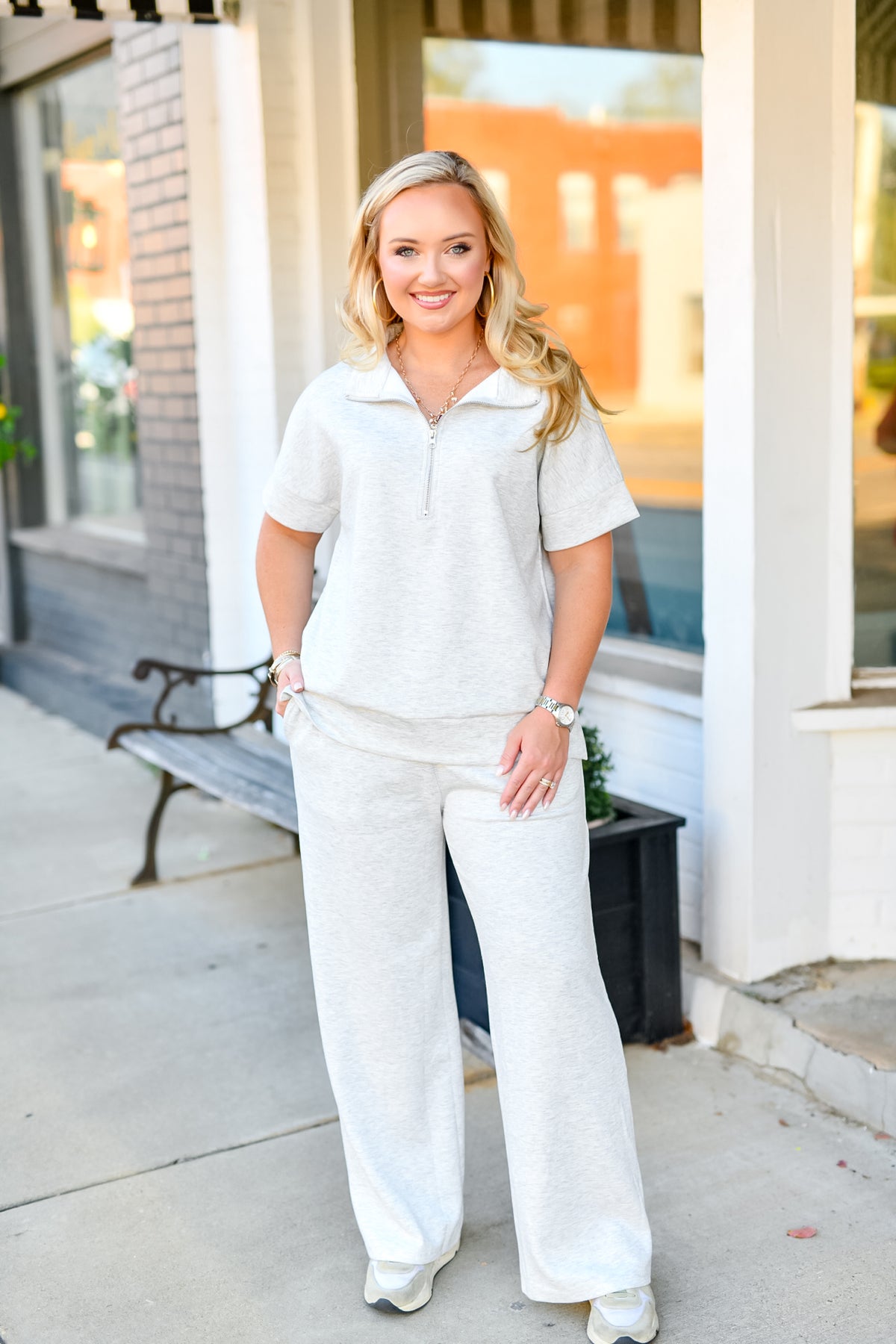 Scuba High Neck Half Zip Top & Pants Set in Heather Grey