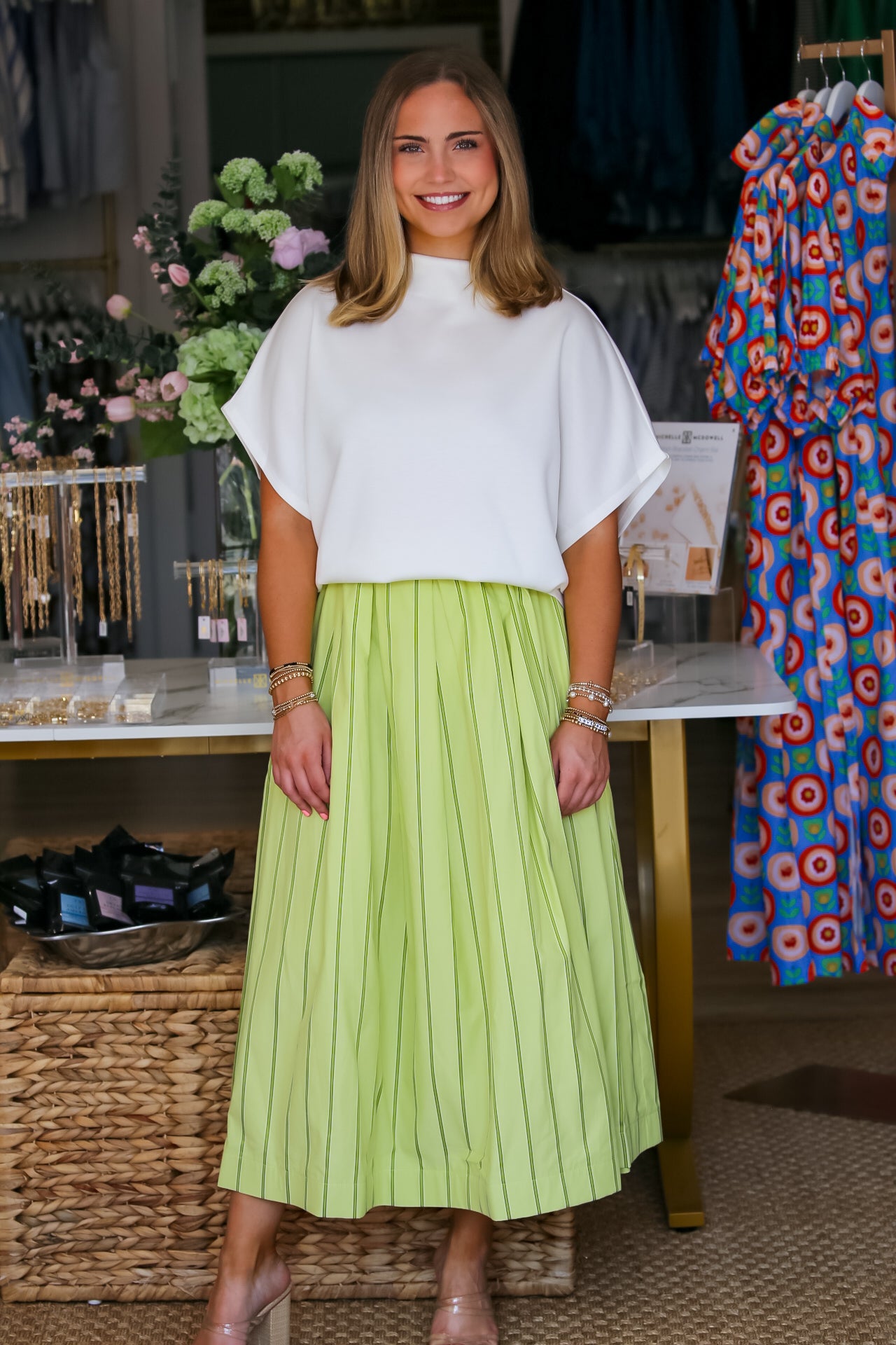 Pleated Flare Stripe Midi Skirt in Lime