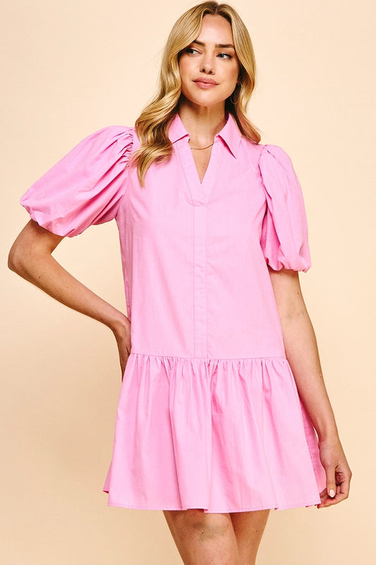 Collared Tiered Mini Dress - Pink