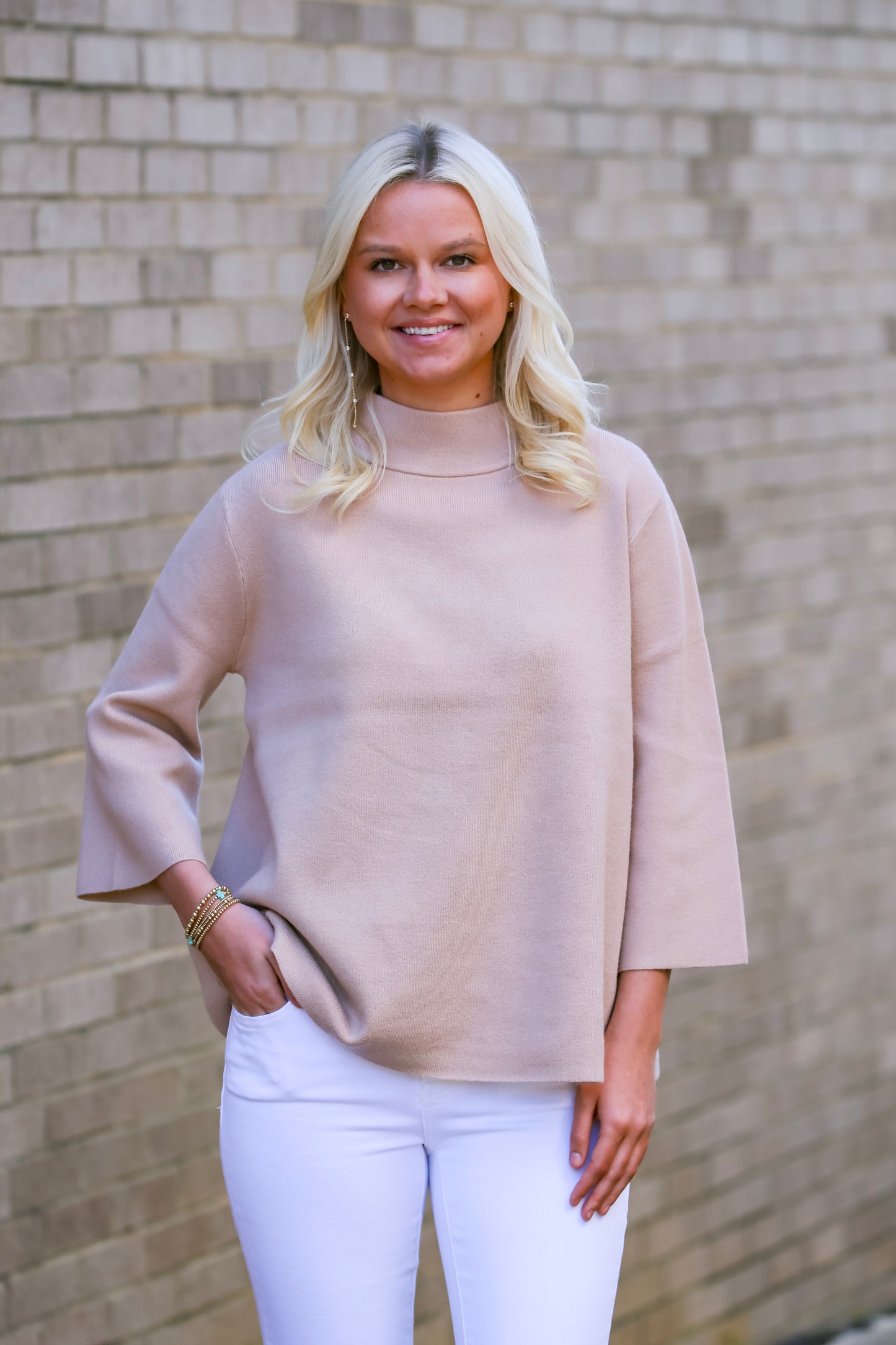 Mock Neck Pullover Sweater- Beige