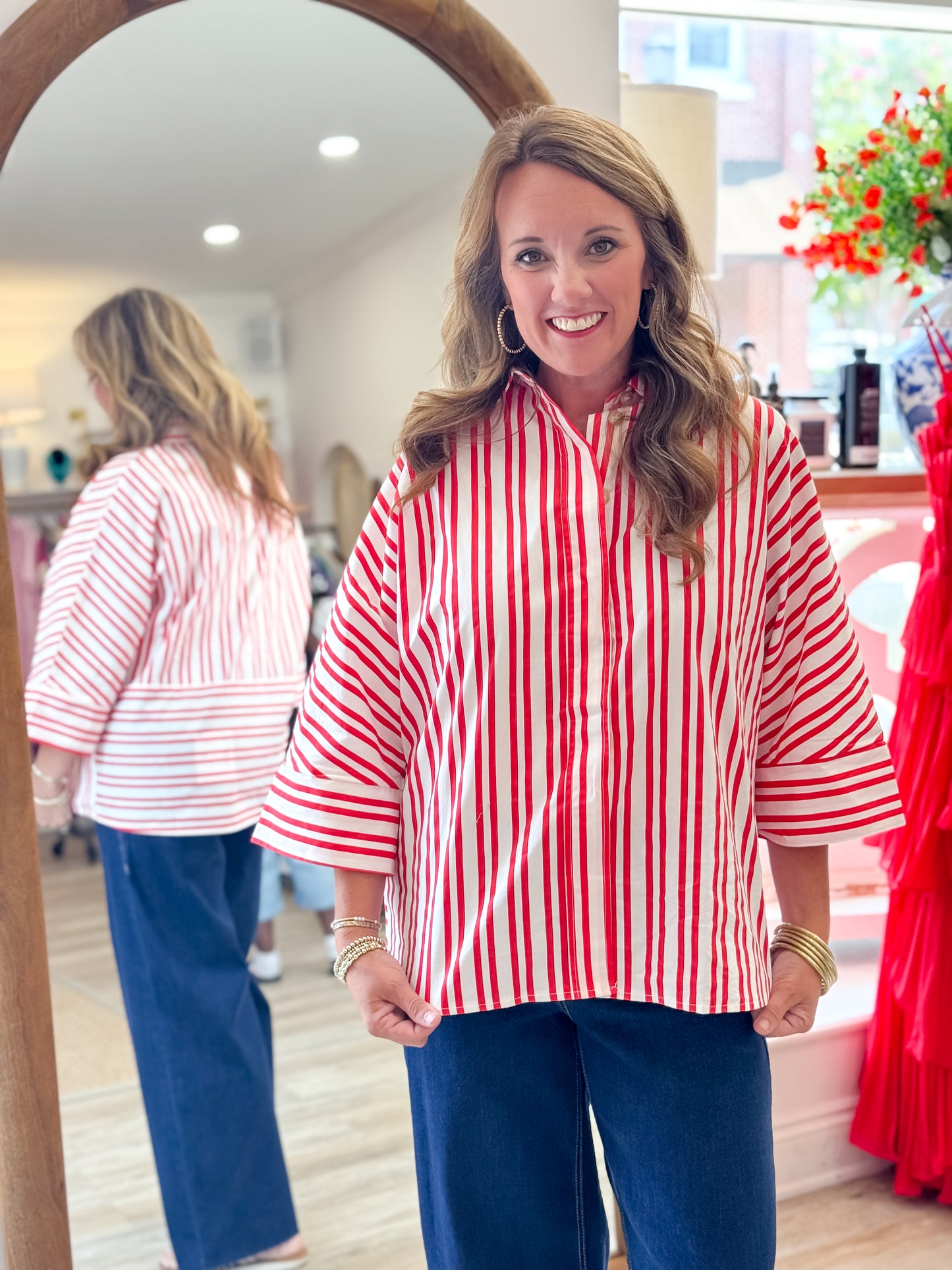 Oversize Stripe Shirt with Collar in Red