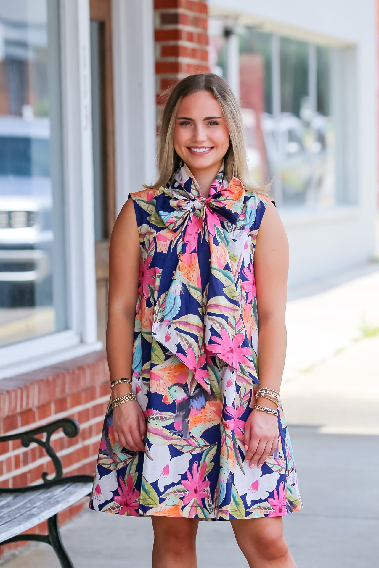 Tie Neck Sleeveless Floral Mini Dress in Navy