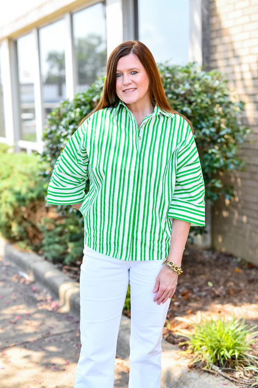 Oversize Stripe Shirt with Collar in Kelly Green