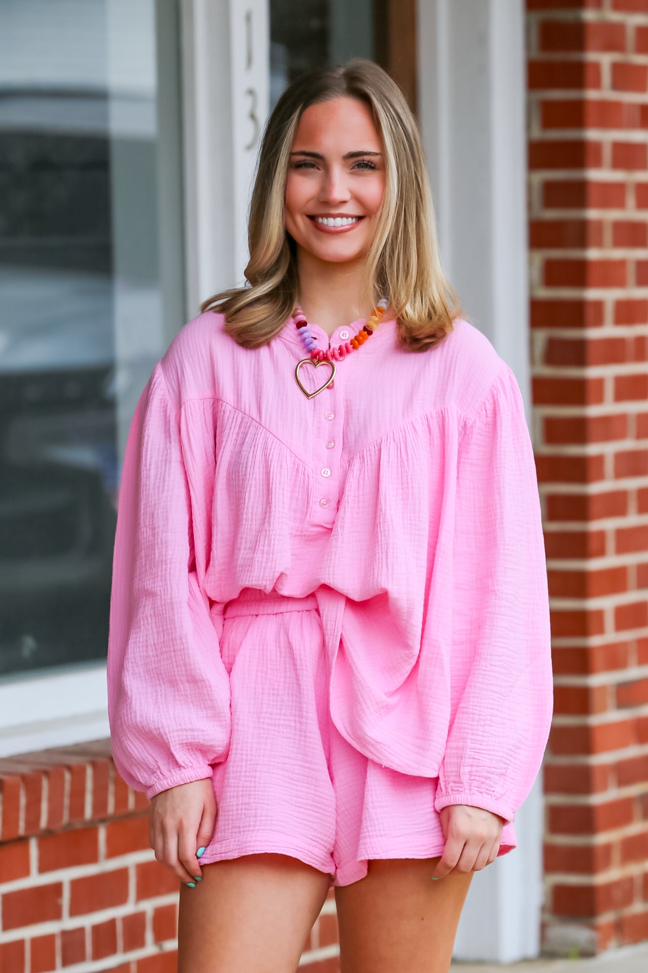 Garment Dyed Cotton Gauze Button Down Set in Pink