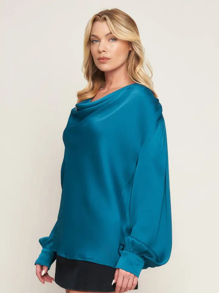 Solid Woven Satin Top-Teal