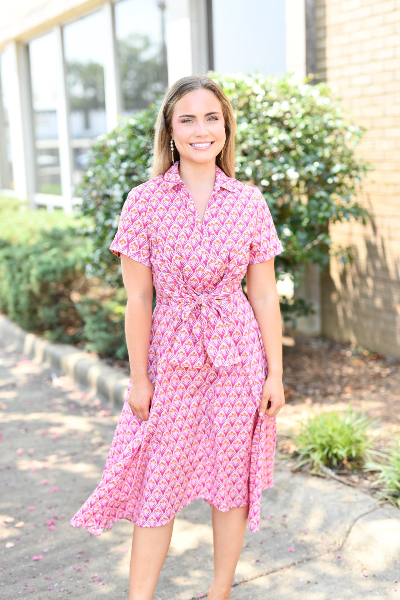 Flower Print Front Twist-Tie Dress-Pink