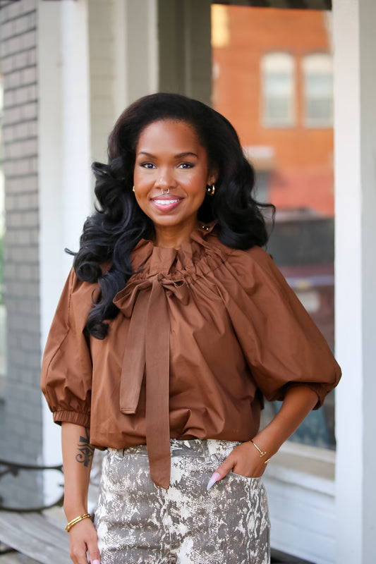Drop Shoulder Drawstring Top in Brown
