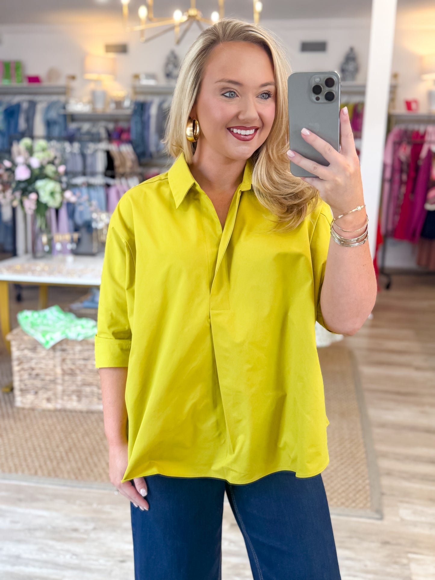 Kaia Modern Oversized Button Down Top-Citron