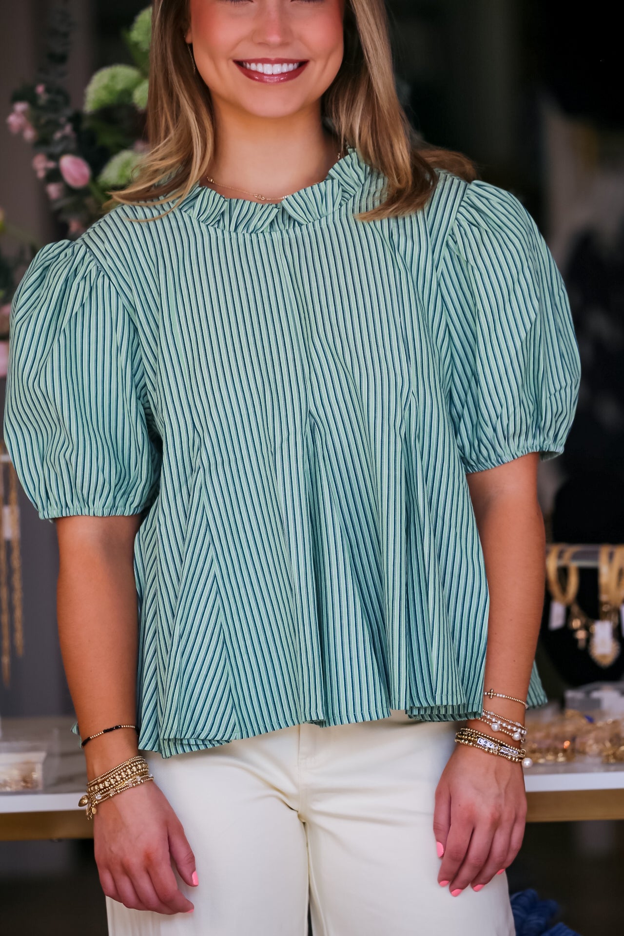 Ruffle Neck Puff Sleeve Stripe Blouse in Green