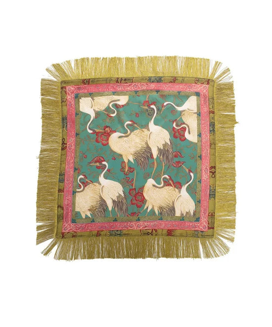 26" Crane Print Fringe Trim Scarf