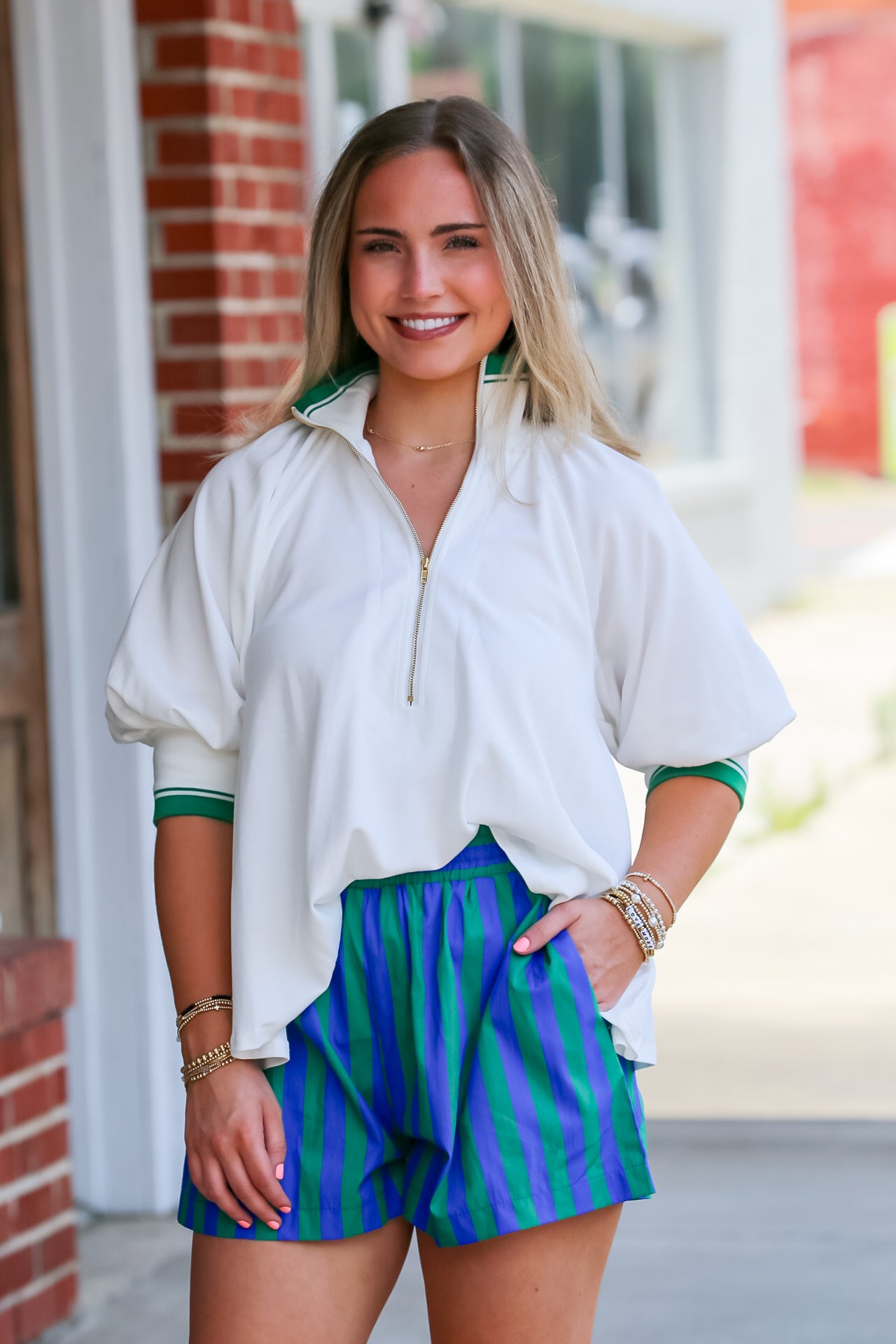 Mock Neck Half Zip Puff Sleeve Top in White