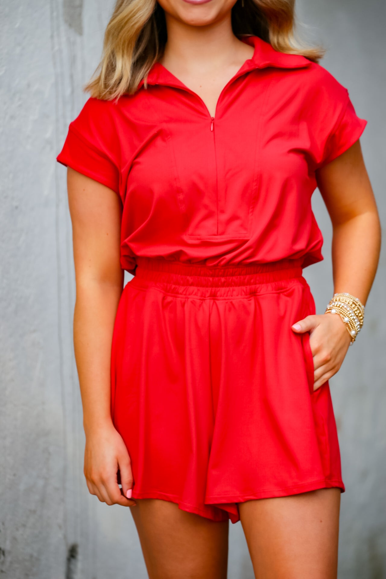 Butter Short Sleeve Quarter Zip Romper in Red