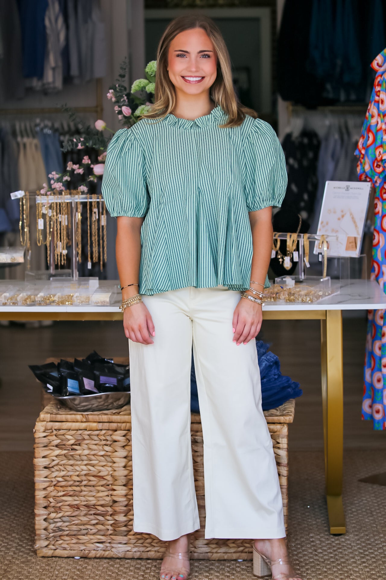 Ruffle Neck Puff Sleeve Stripe Blouse in Green