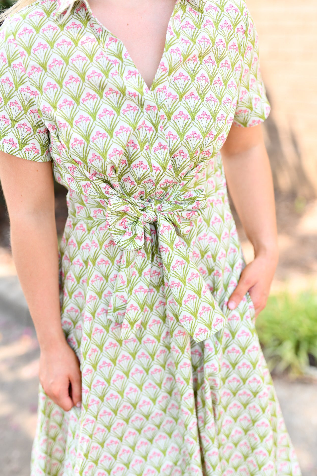 Flower Print Front Twist-Tie Dress-Green