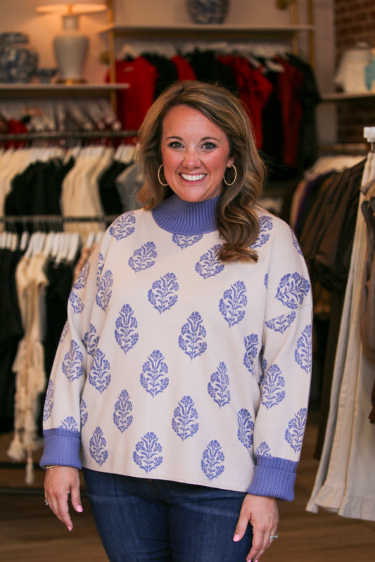 Botanical Mock Neck Sweater-Ecru