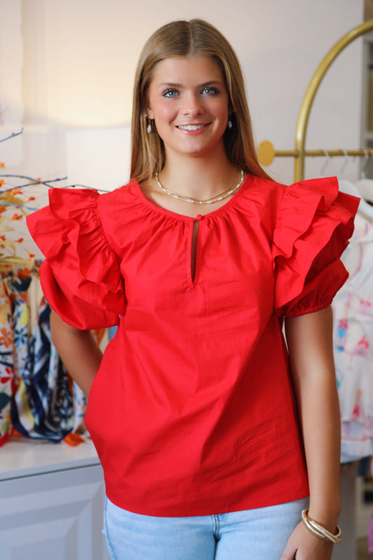 The Flores Poplin Ruffle Short Sleeve Top in Red