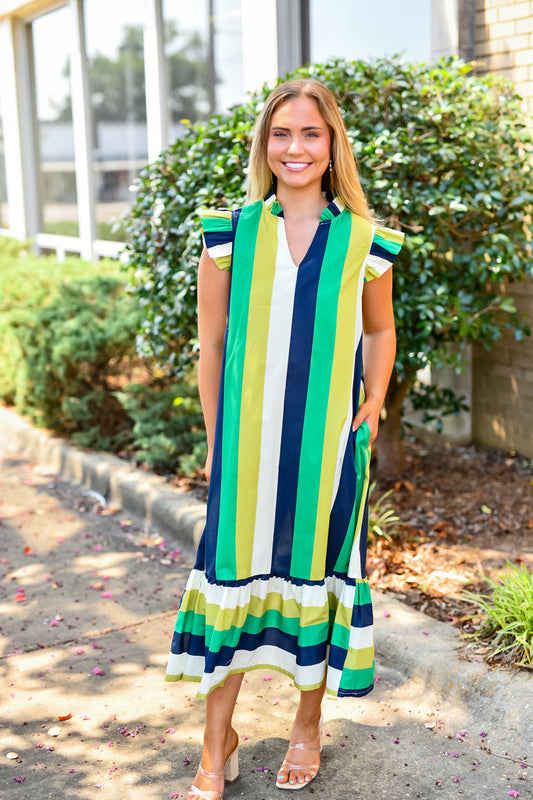 Ruffle Neck Sleeveless Stripe Midi Dress-Navy/Green