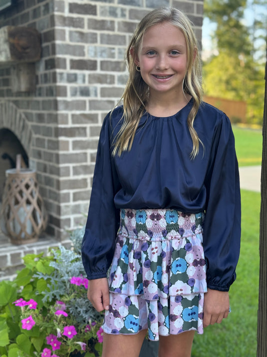 The Wren Navy Satin Top