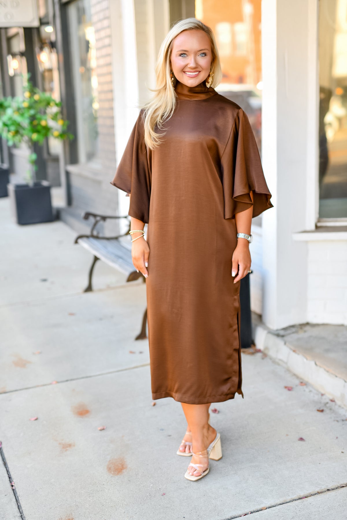 Flowy Satin Tie Midi Dress in Brown