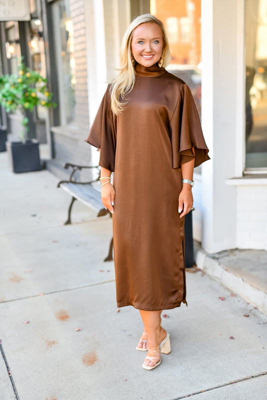 Flowy Satin Tie Midi Dress in Brown