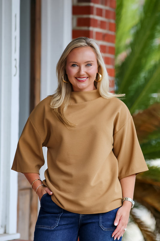 Mock Turtleneck Short Sleeve Top in Camel