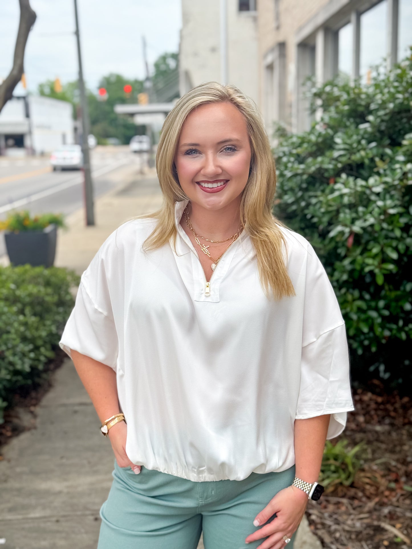 Half Zip Satin Top in Ivory
