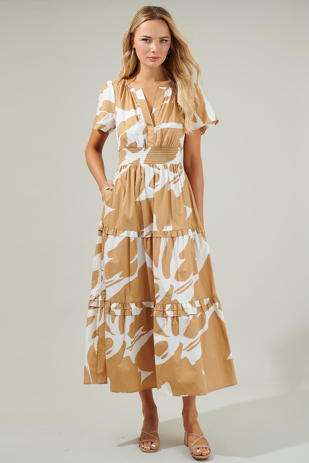 Hazel Abstract Palmer Poplin Tiered Maxi Dress