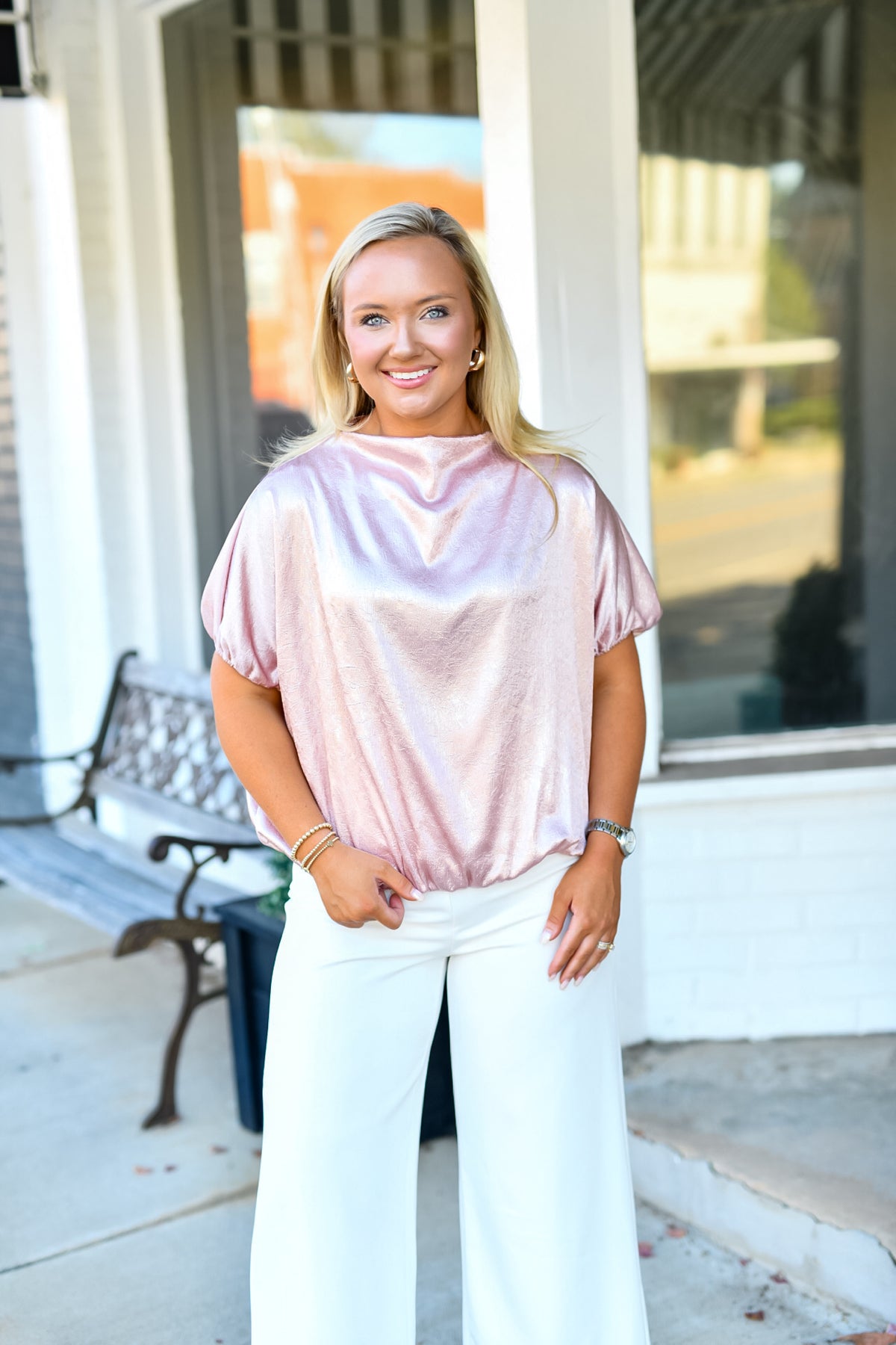 Metallic High-Neck Top in Pink
