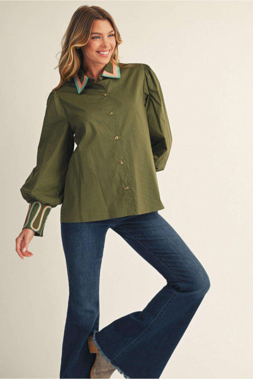 Embroidery Button Down Shirt-Olive