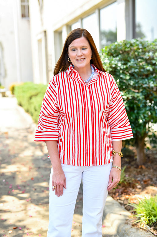 Oversize Stripe Shirt with Collar in Red