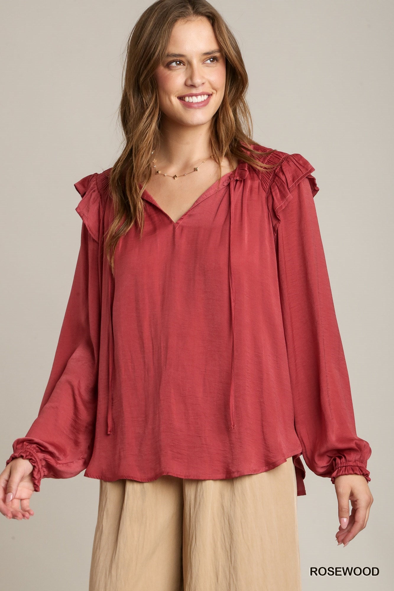 The Lena Satin Blouse in Rosewood